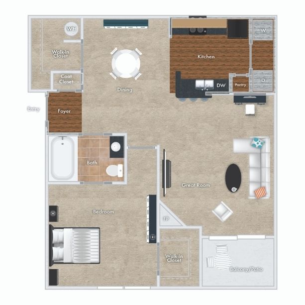 Cedar Floor Plan, 1 Bedroom, 1 Bath