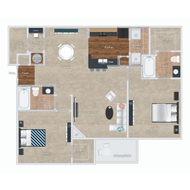 Poplar Floor Plan, 2 Bedrooms, 2 Baths.