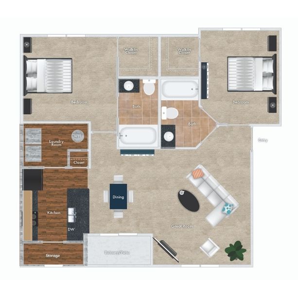 Azalea Floor Plan, 2 Bedrooms, 2 Baths