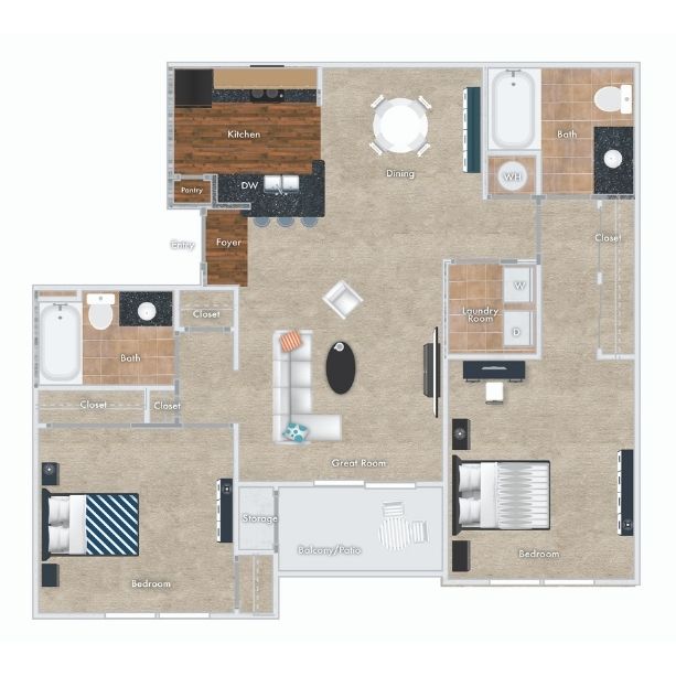 Beech Floor Plan, 2 Bedroom, 2 Bath.