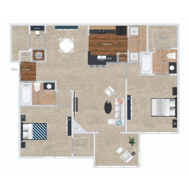 Poplar Floor Plan, 2 Bedrooms, 2 Baths with sunroom.